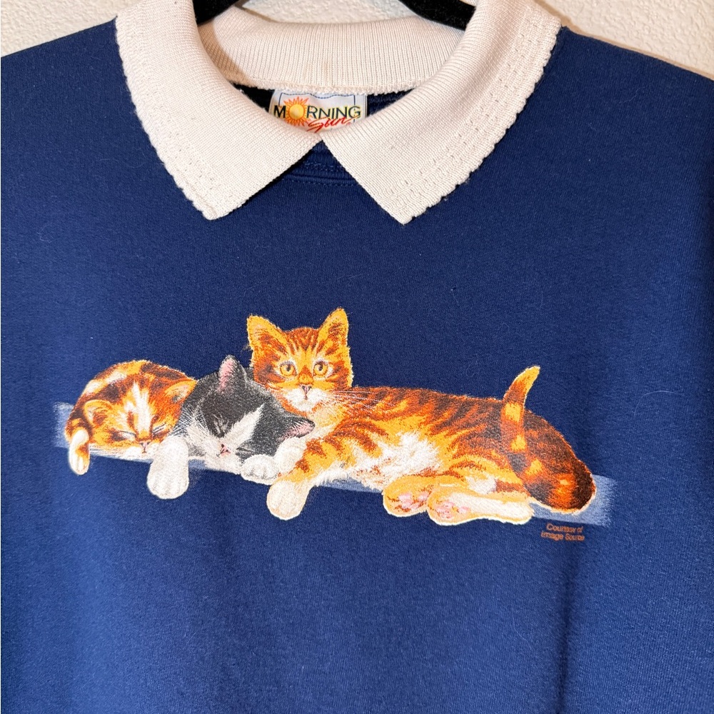 Vintage Morning Sun Large Cozy Blue Sweater Peter Pan Collar with Cat Design - Picture 2 of 4